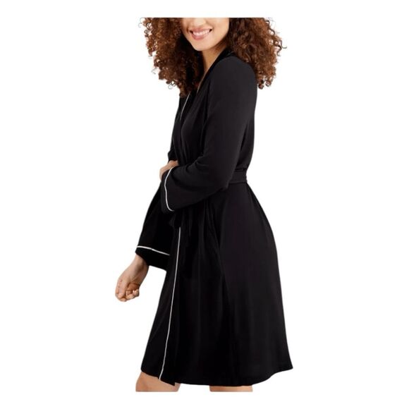 Alfani Contrast Trim Short Robe Black White Trim Knit Wrap Bathrobe Long Sleeve - Picture 4 of 12